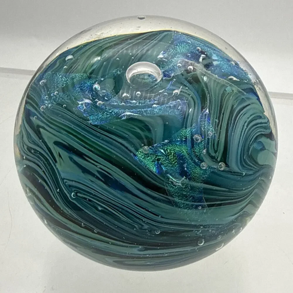 Signed Blue Green Swirl Art Glass Paperweight Control Bubbles Metallic Accents